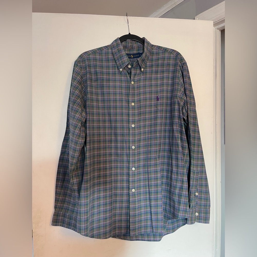 Ralph Lauren Plaid Purple Blue Green Long Sleeve Button Down Men's Shirt L